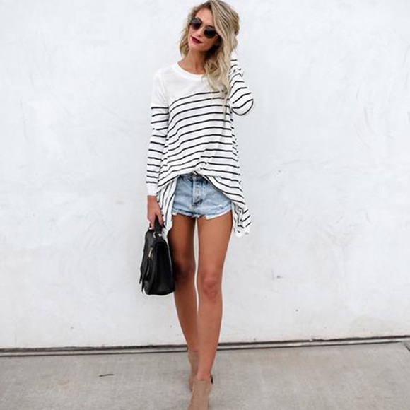 Stripe Sharkbite Long Sleeve Crew Neck Sweater Top - Picture 5 of 6